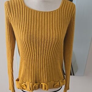 Mustard Ribbed Sweater with Belt Accent